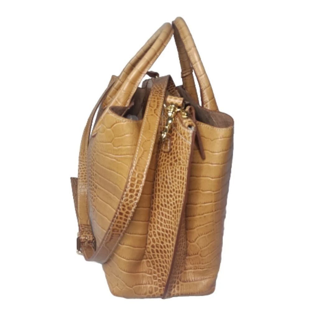 Lacucci Italian Leather Satchel Large Handbag Bag Crocodile Embossed Brown Tan - Picture 5 of 16